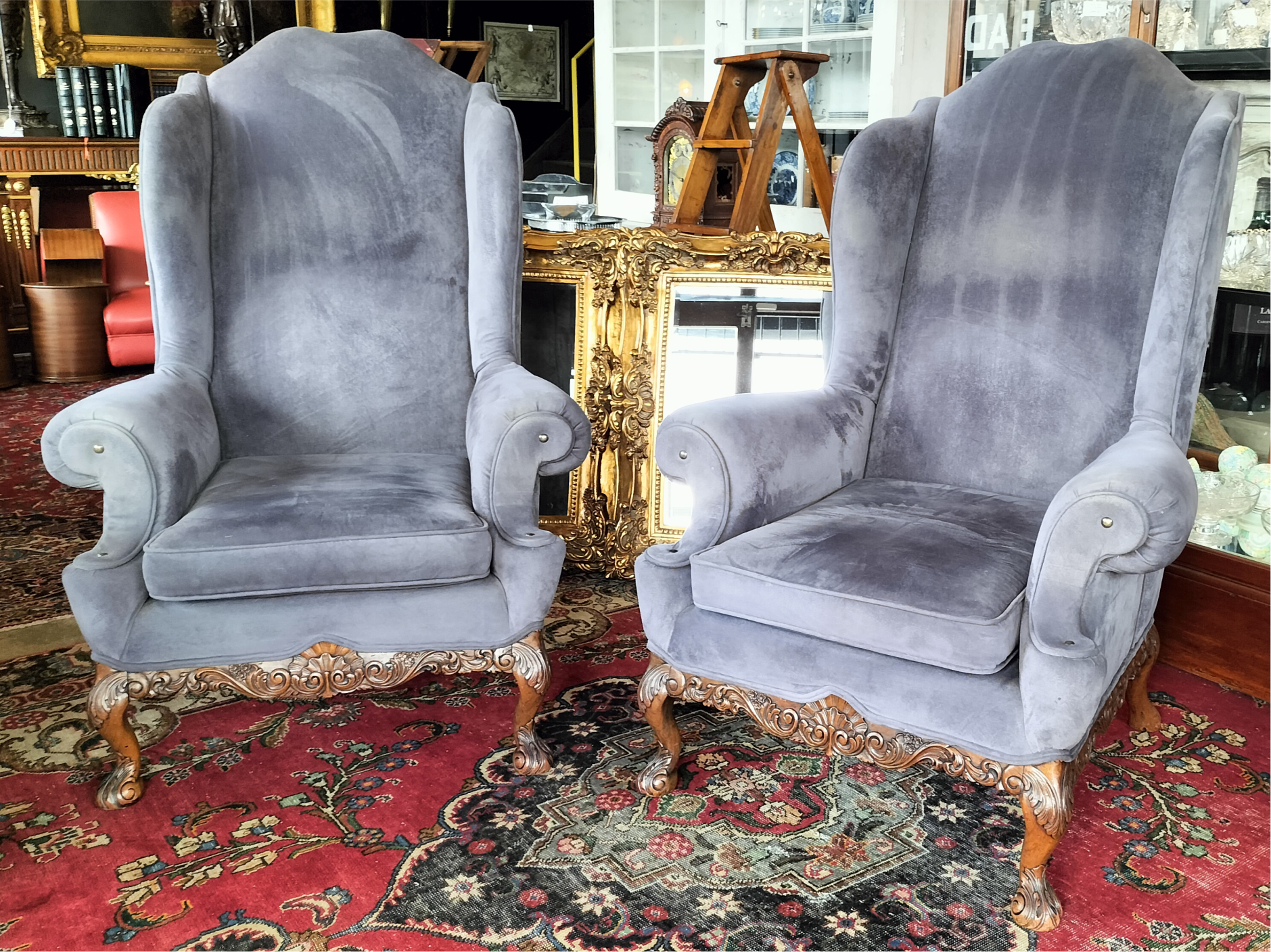 Objects - Antiques - Parkhurst - Johannesburg -Landing Page - South Africa - Fine Antiques - Decor Accents - Contact us - AntiquesandObjects.com - Antique Wooden Chair - Victorian - Velvet - Wood - Stunning - European High Back Wing Chairs Circa 1920